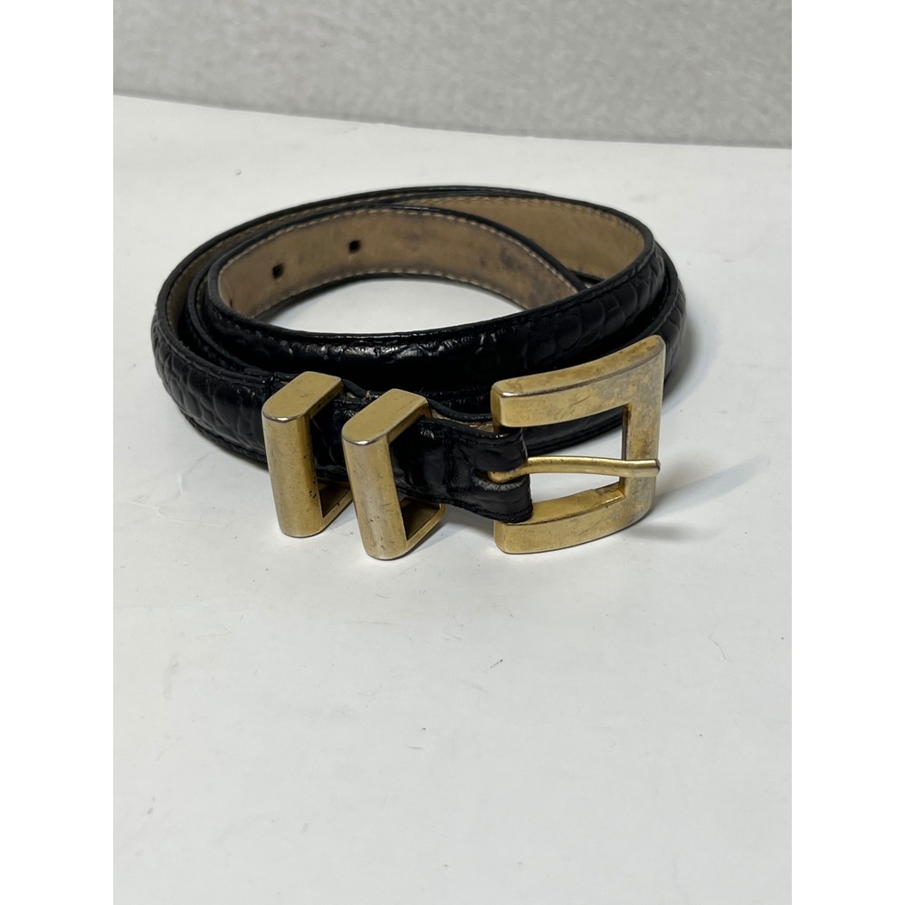 Kenneth Cole Womens Belt Croc Embossed Italian Calfskin 37 Black Gold Buckle